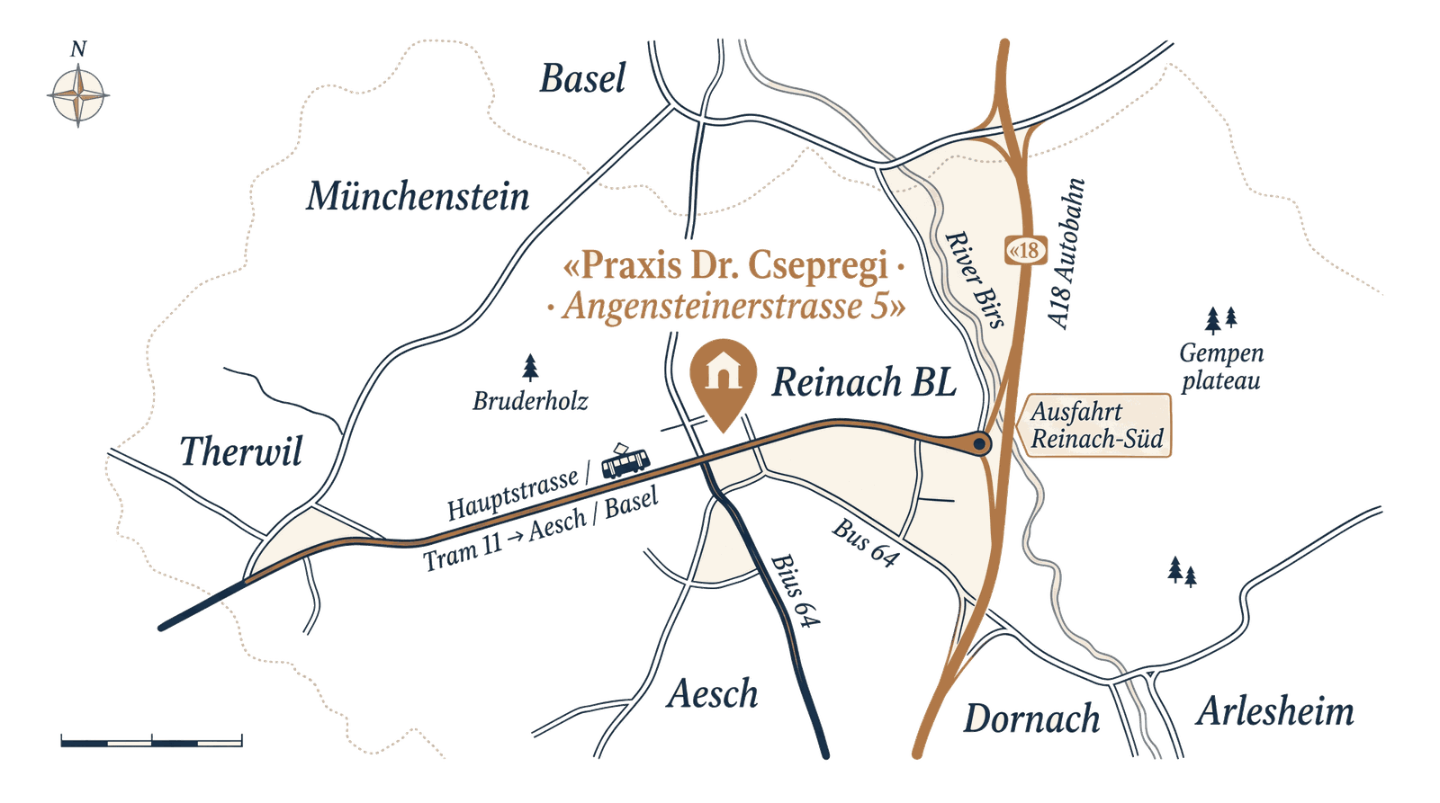 Lageplan Reinach BL: Praxis Dr. Csepregi, Angensteinerstrasse 5, mit umliegenden Ortschaften Basel, Münchenstein, Aesch, Dornach und Arlesheim sowie A18 und Tram 11